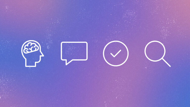 Understanding the brain | four white line icons on an abstract purple background: brain icon, chat bubble icon, circle with a checkmark icon, search icon