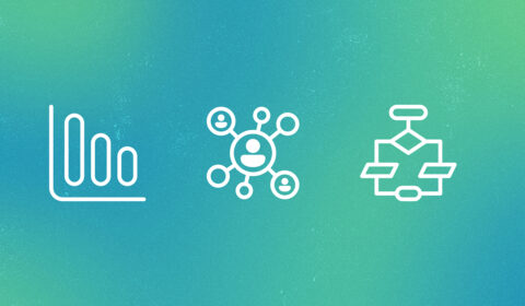 Flint blog | three white line icons on an abstract green background; bar chart icon, connected nodes icon, flowchart icon