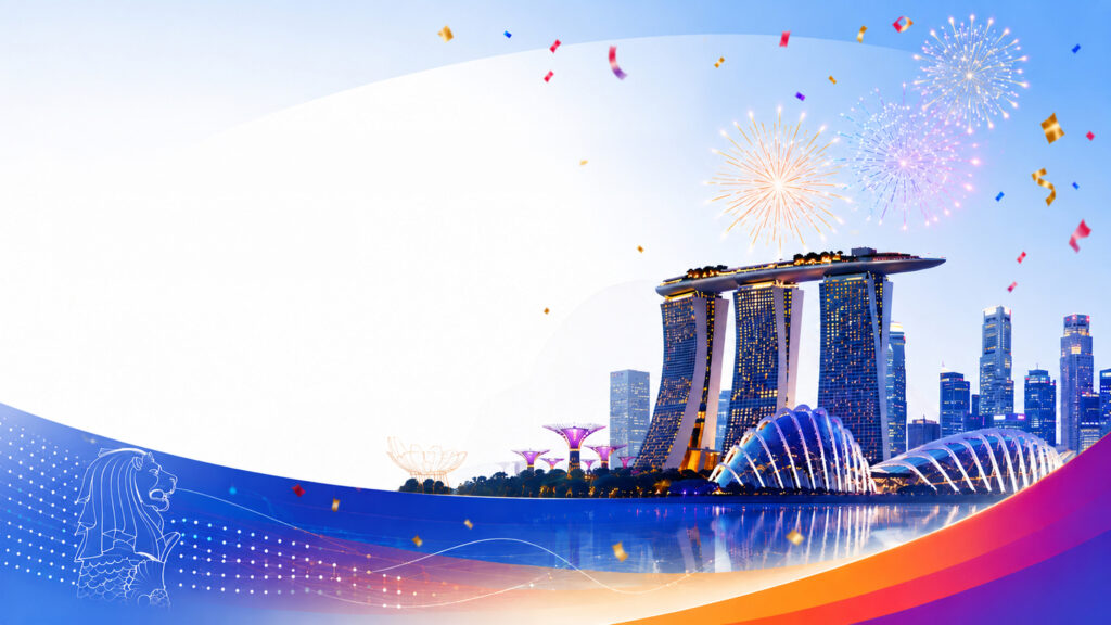 Illustrated Singapore skyline at dusk featuring Marina Bay Sands and Gardens by the Bay, with colorful fireworks and confetti overhead. Blue and orange graphic waves frame the scene, with a Merlion outline in the lower left and open space on the left for text.