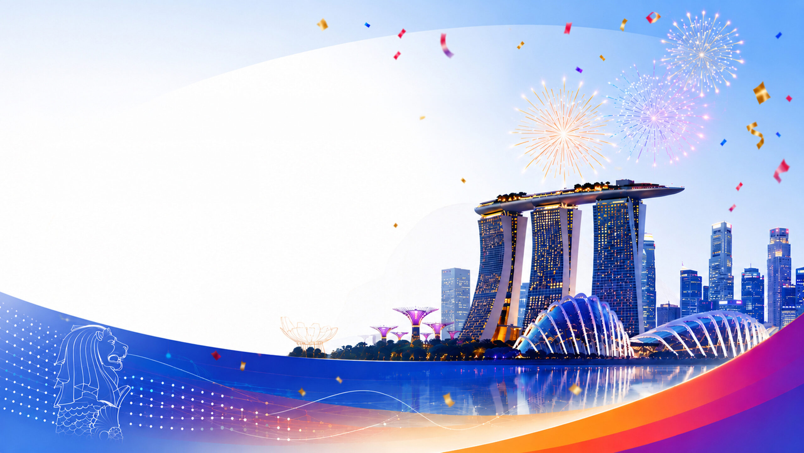 Illustrated Singapore skyline at dusk featuring Marina Bay Sands and Gardens by the Bay, with colorful fireworks and confetti overhead. Blue and orange graphic waves frame the scene, with a Merlion outline in the lower left and open space on the left for text.