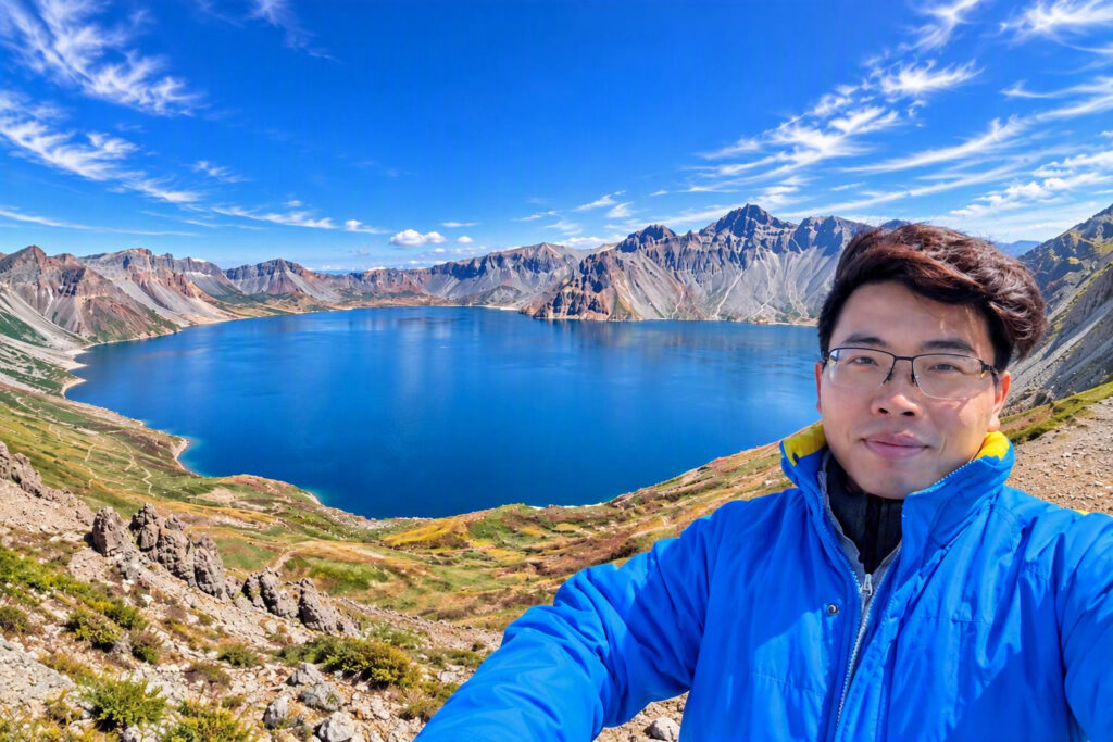 a person standing next to a body of water with mountains in the background