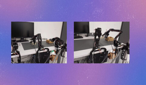Two images showing the robot performing the same task of handing over a tape from one robot arm to another. The videos show that while the task succeeds when the inference latency is low, the handover fails with high inference latency as is the case with onboard robot GPUs.