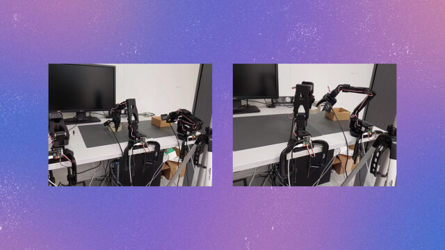 Two images showing the robot performing the same task of handing over a tape from one robot arm to another. The videos show that while the task succeeds when the inference latency is low, the handover fails with high inference latency as is the case with onboard robot GPUs.