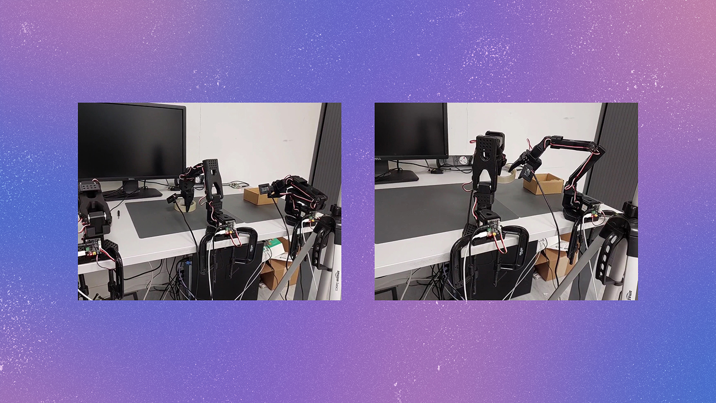  Two images showing the robot performing the same task of handing over a tape from one robot arm to another. The videos show that while the task succeeds when the inference latency is low, the handover fails with high inference latency as is the case with onboard robot GPUs.