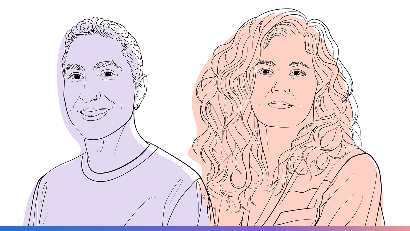 Illustrated headshots of Chad Atalla, Principal Applied Scientist at Microsoft and Jennifer Neville, Partner Research Manager at Microsoft for the Microsoft Research Podcast
