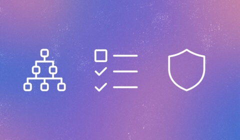 Illustration on a purple and blue gradient background showing three white line icons: a hierarchical organizational chart, a checklist with checkmarks, and a shield. The icons visually represent structured data, evaluation criteria, and security or trustworthiness.