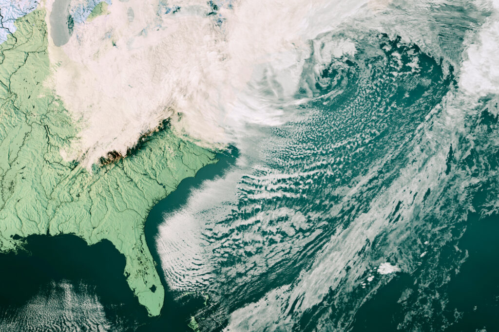 satellite image showing a storm off the northeast coast of the United States