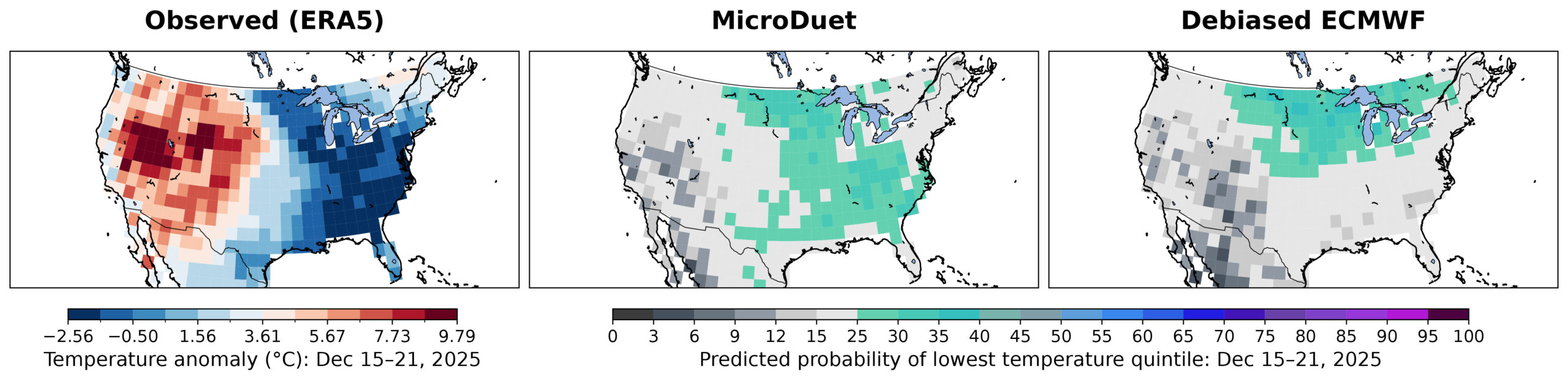 Three side-by-side maps of the continental United States comparing observed and forecast cold-temperature conditions for December 15-21, 2025. The left map (Observed/ERA5) shows warmer-than-average temperatures across much of the western U.S. (red) and colder-than-average temperatures across the eastern U.S. (blue). The middle map (MicroDuet) and right map (Debiased ECMWF) show forecast probabilities of being in the coldest temperature quintile, with elevated probabilities across parts of the Midwest, Great Lakes, and Northeast. MicroDuet depicts a broader area of increased cold risk extending into the central U.S., while Debiased ECMWF concentrates the highest probabilities farther north.