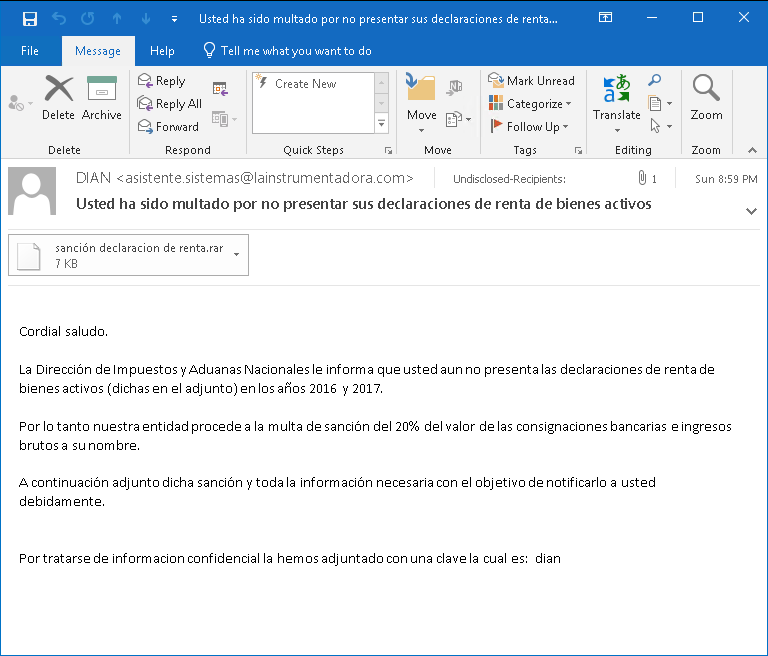 Tax-themed email campaign targeting taxpayers in Colombia.