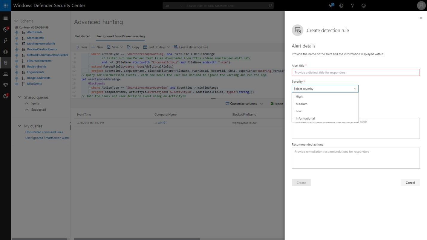 Creating custom detection rules from advance hunting queries.