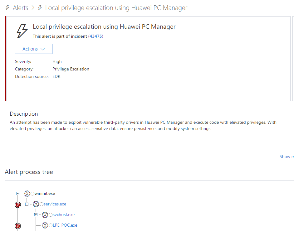 Microsoft Defender ATP alerti.ng on the privilege escalation POC code