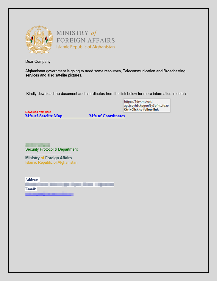 Word document lure containing OneDrive link.