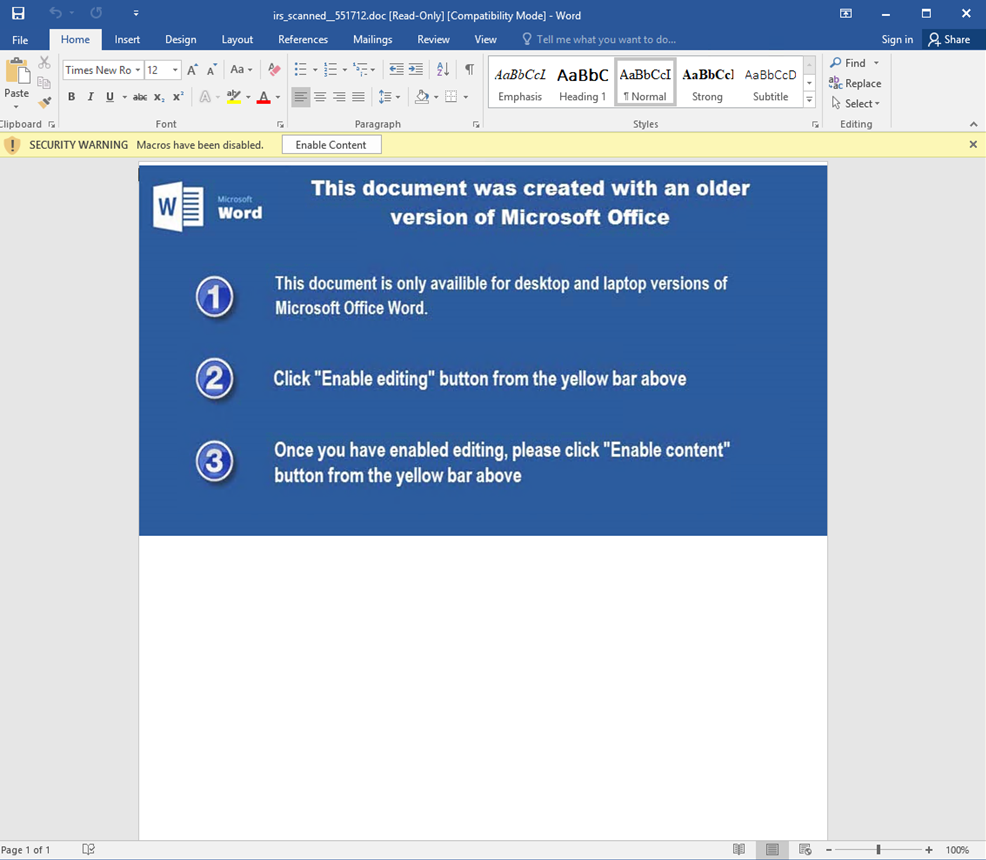 tax-related phishing document with malicious macro code