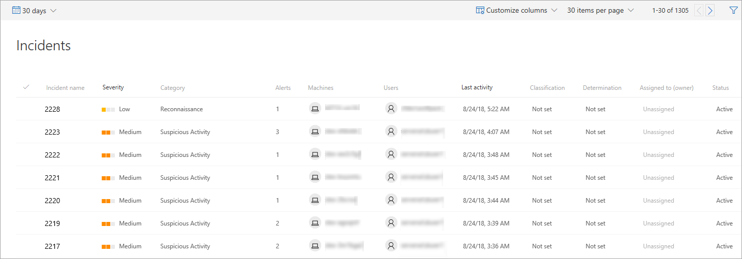 Image of a list of incidents in the Windows Defender Security Center.