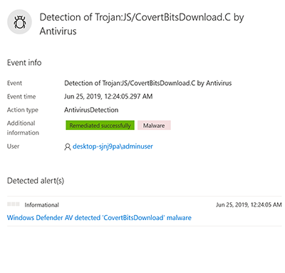 Details of Windows Defender Antivirus detections of fileless techniques and malware reported in Microsoft Defender Security Center; details also indicate whether threat is remediated, as was the case with the Astaroth attack