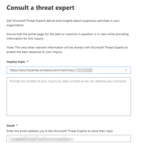 Screenshot of how to consult a Microsoft threat expert
