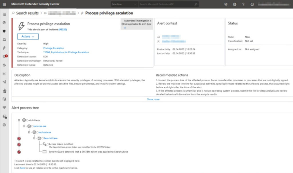 Microsoft Defender ATP alert for process privilege escalation