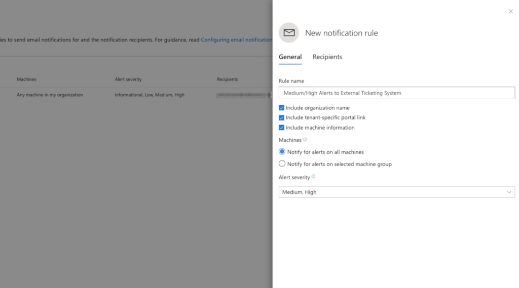 Setting up alert emails in Microsoft Defender ATP to be sent to a ticketing system.