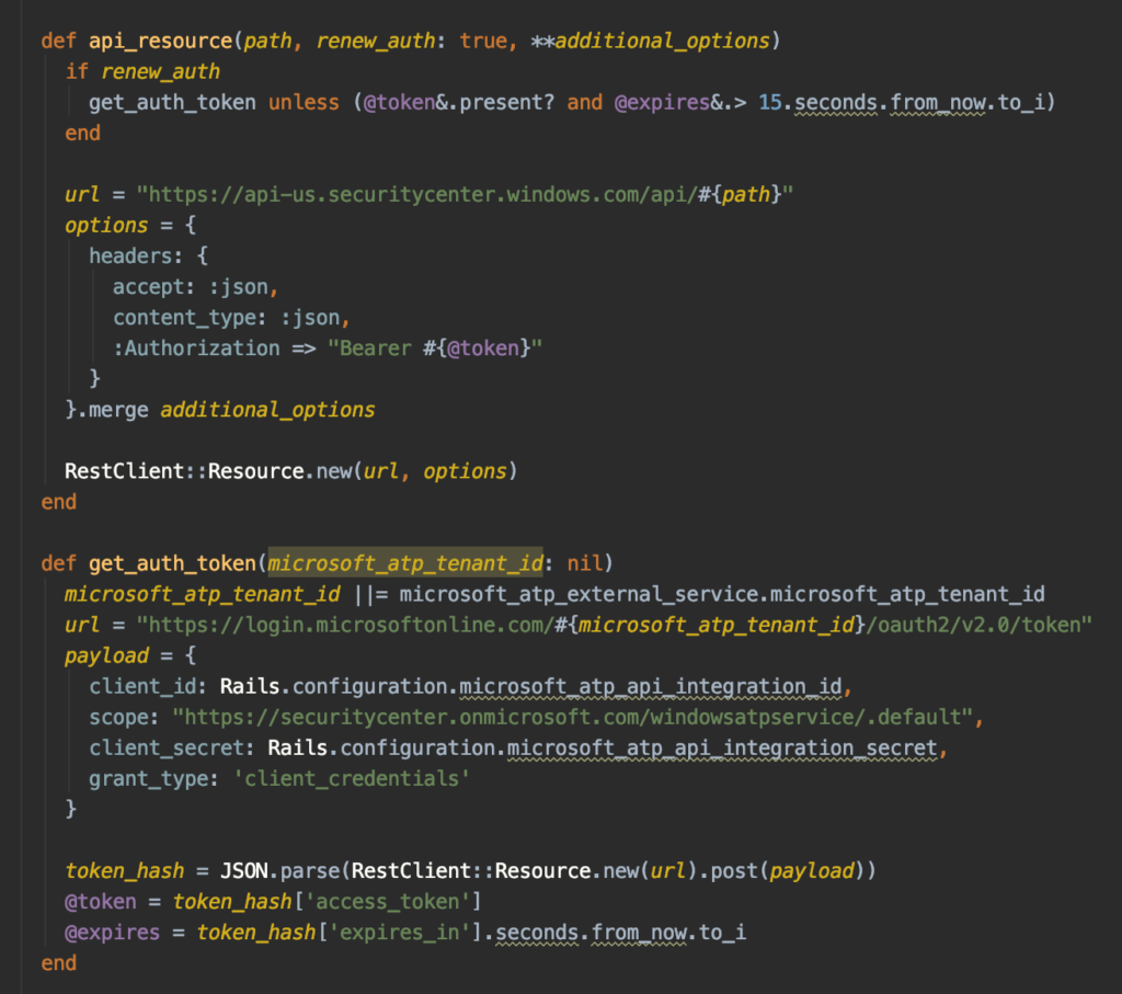 API call to retrieve authentication token.