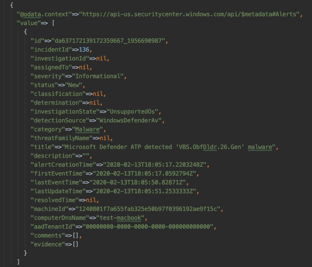 Example of a Microsoft Defender ATP alert returned from the API.