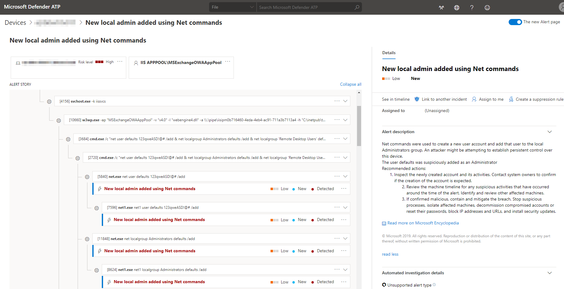 Microsoft Defender ATP alert showing process tree for addition of local admin using Net commands
