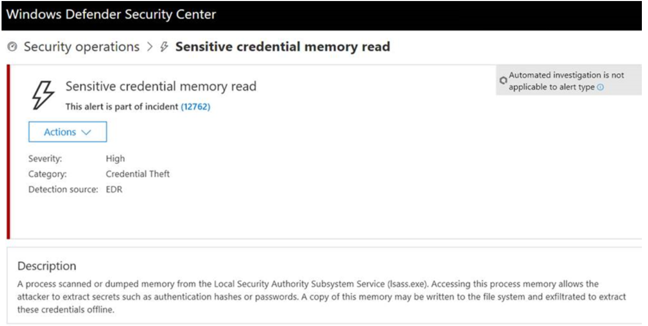 An image of Microsoft Defender ATP alert of detected credential dumping activity.