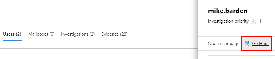 Screenshot of Microsoft security center showing the Go hunt action