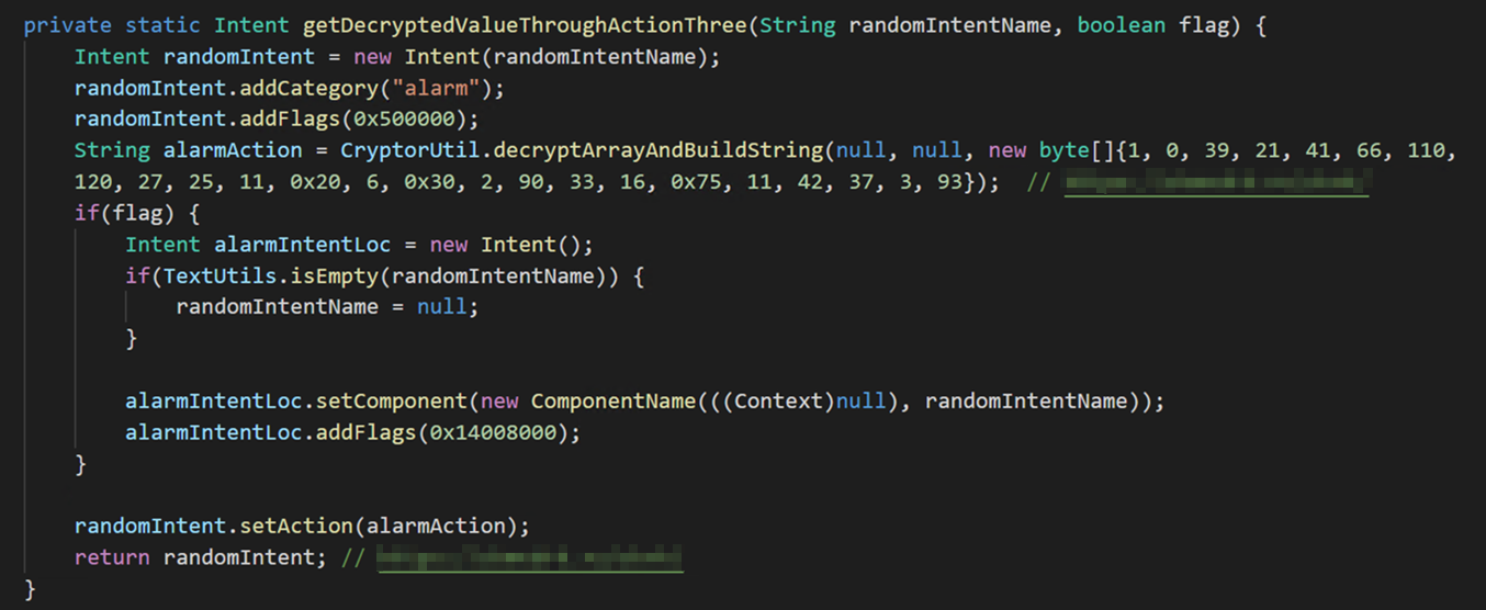 Decryption function using the Intent object to pass the decrypted value