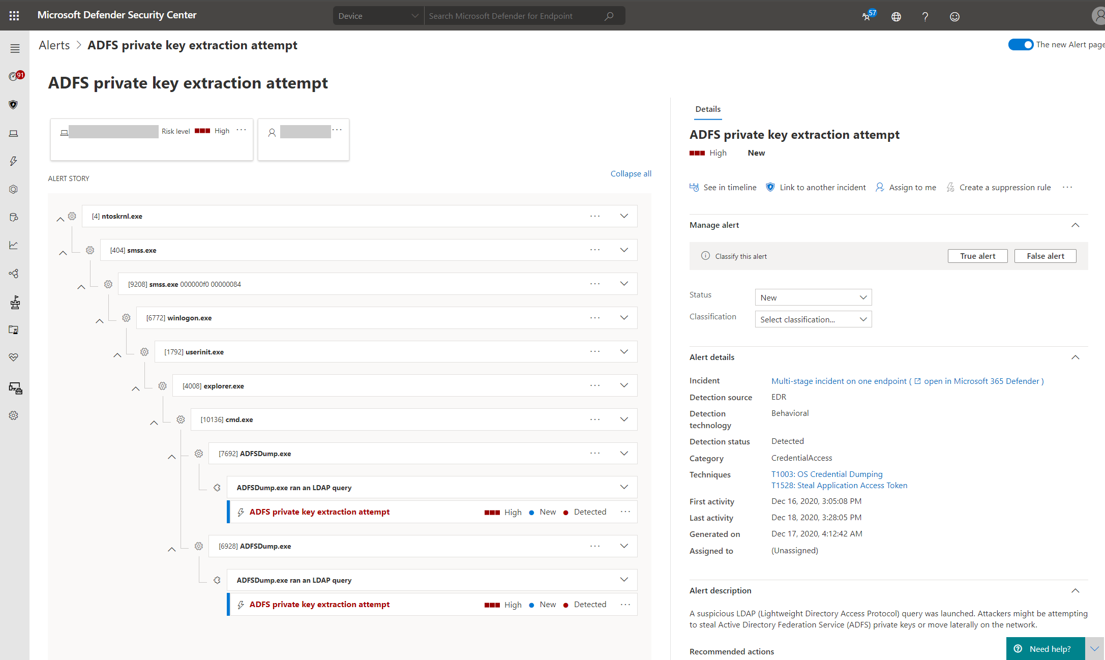 Screenshot of Microsoft Defender Security Center alert of ADFS private key extraction attempt