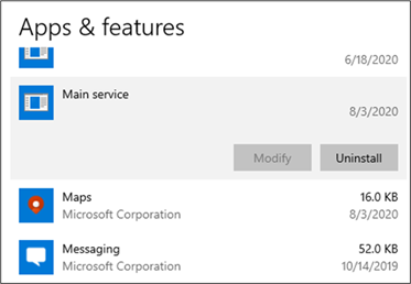 Screenshot of Apps and features settings showing the installed malware