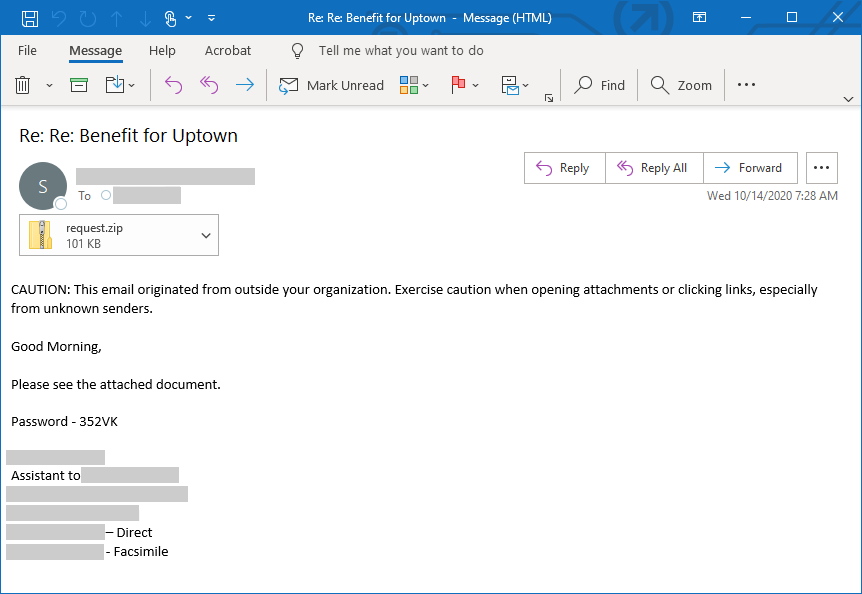 Screenshot of spear-phishing email used in the IcedID campaign