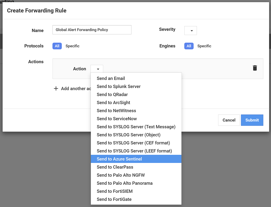 Azure Defender for IoT drop-down menu showing built-in integrations with broad range of SIEM, ticketing, firewall, and NAC systems