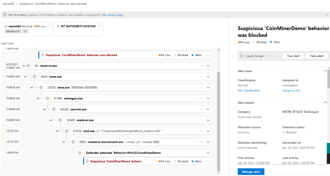 Screenshot of a Microsoft Defender for Endpoint alert in the security center about a CoinMiner that was blocked.