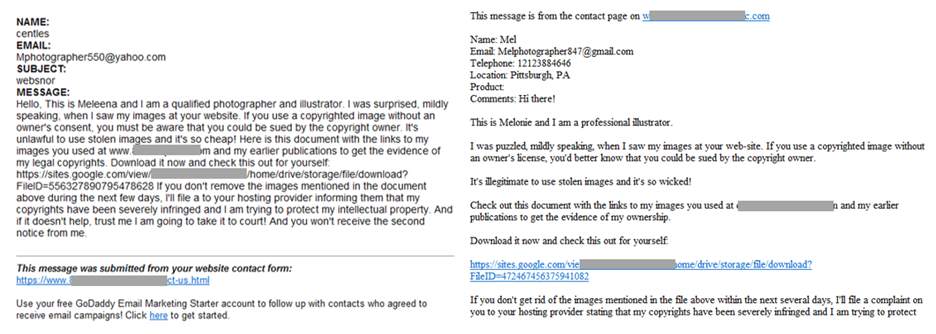 Samples of contact form emails that use the photographer copyright lure with a sites.gooogle.com link