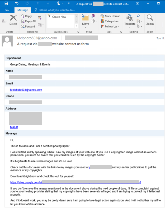 A sample email delivered via contact forms that contain malicious content added by attackers