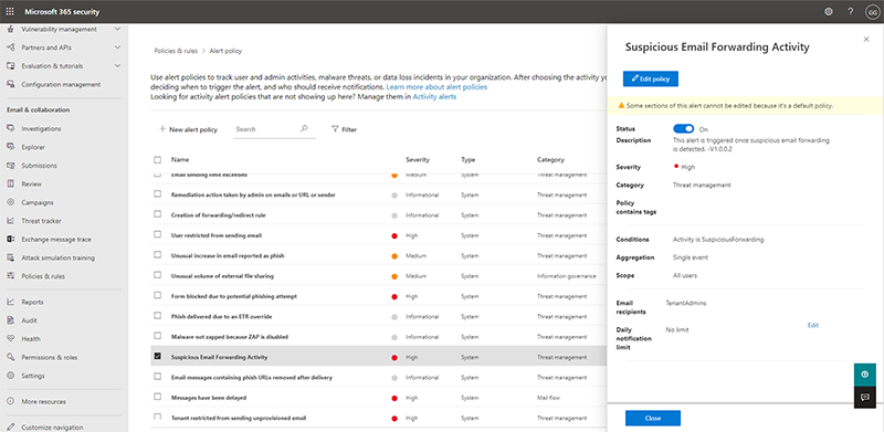 Sample suspicious email forwarding activity alert in Microsoft Defender for Office 365