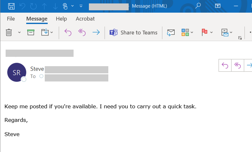 A sample BEC email impersonating an executive