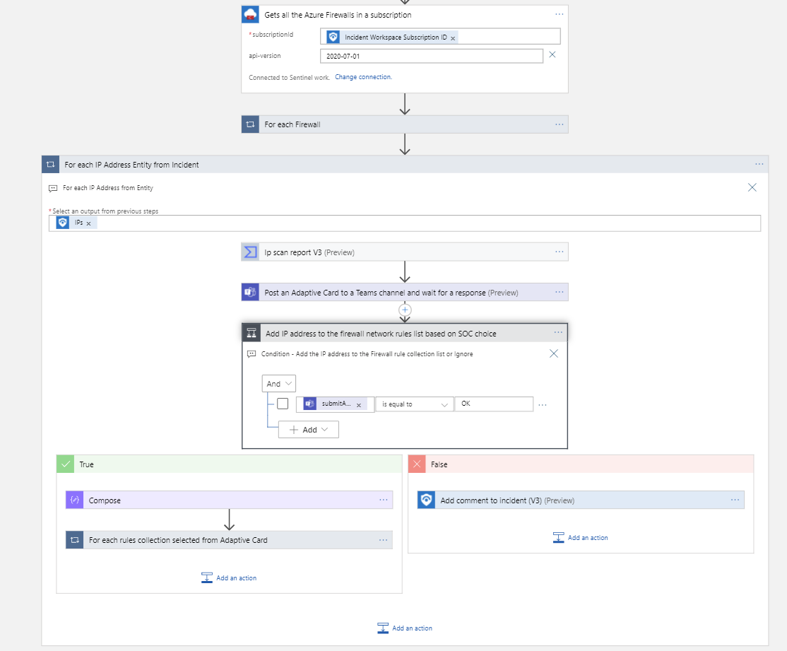 An example of the Azure Firewall automation playbook, which is part of the solution, as it would appear once opening the playbook in Sentinel.