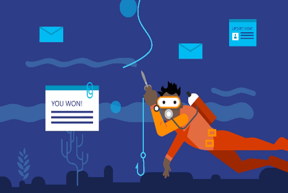 An illustration of a scuba diver under water cutting a fish line with a scissors