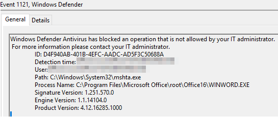 Figure 9. Windows Defender Exploit Guard detection