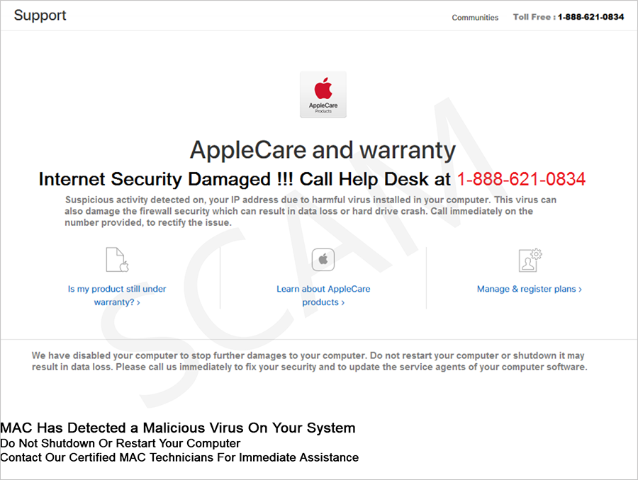 A scam page showing that your mac has detected a malicious virus and a number to call for support.
