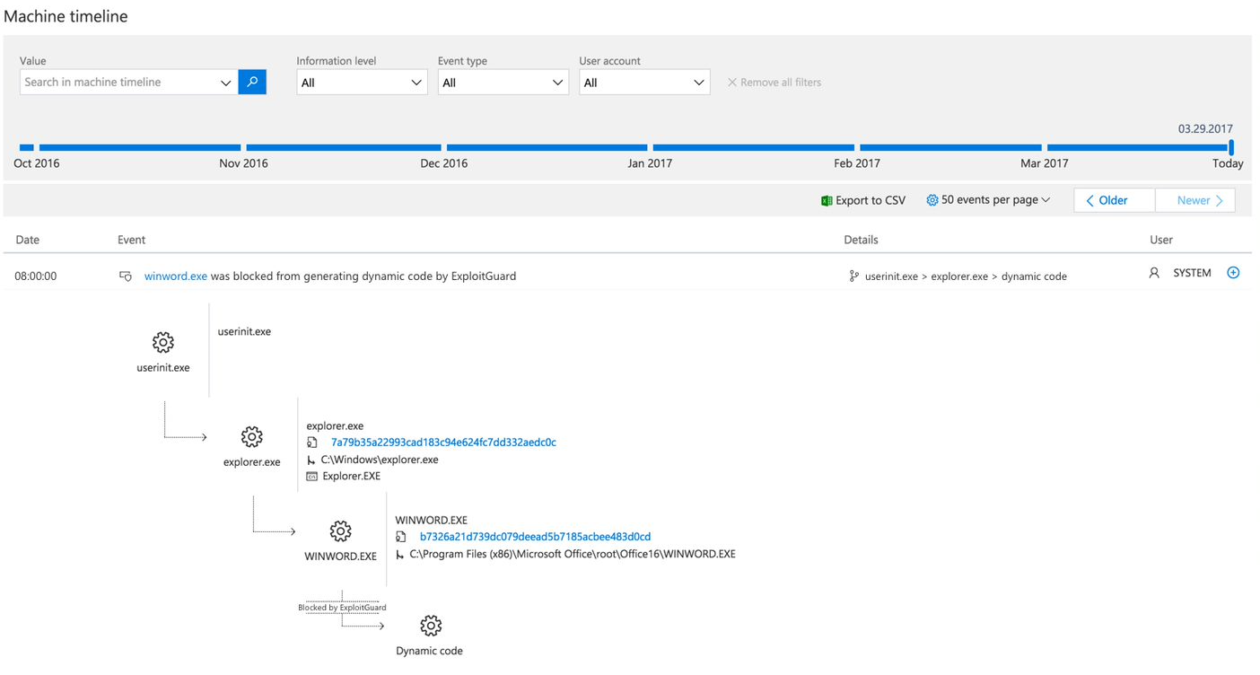 Windows Defender ATP machine timeline view with Windows Defender Exploit Guard event