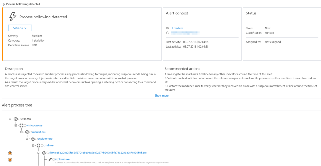 Figure 3. Windows Defender ATP detection for process hollowing