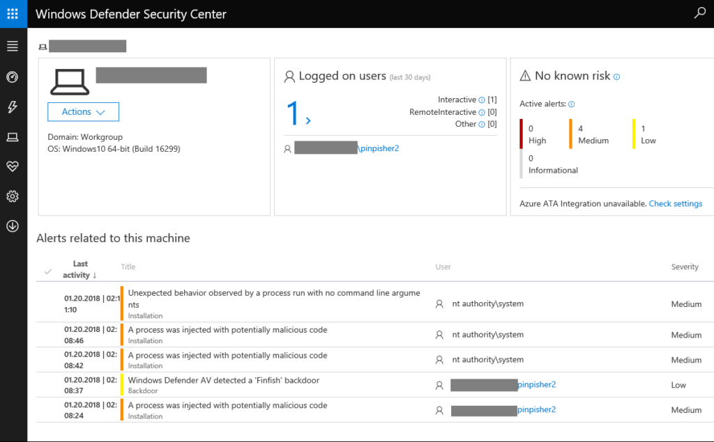 Figure 1. Generic Windows Defender ATP detections trigger alerts on FinFisher behavior