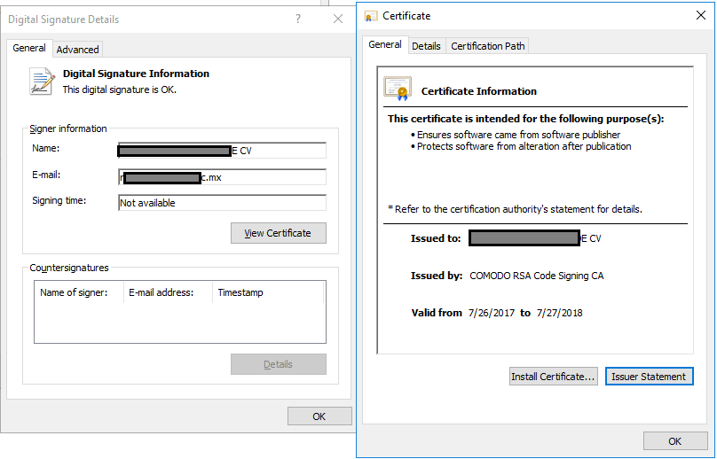 Figure 4. Certificate information of the poisoned update.exe