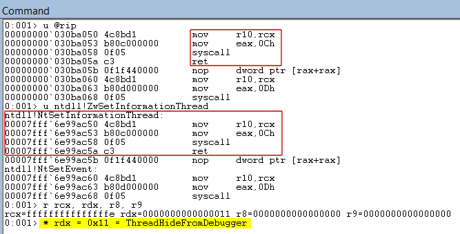 Figure 7. FinFisher loader calling native Windows API to perform anti-debugging tricks