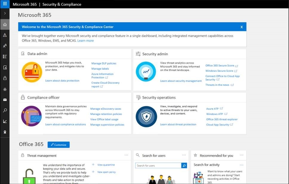 Figure 3.  Microsoft 365 Security and Compliance center which connects the Azure, Office 365, and Windows workloads